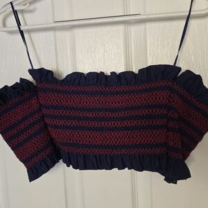 Fashion Nova Navy Blue and Red Smocked Off-Shoulder Crop Top